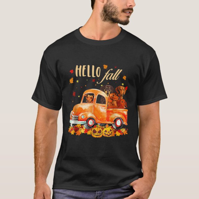 Camiseta Olá Outono Cachorro Dachshund Engraçado Abóbora de (Frente)