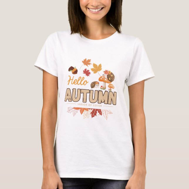 Camiseta Olá Outono – Design de ouriço-cacheiro fofo e outo (Frente)