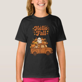 Camiseta Olá Outono Fantasma Caminhão Abóboras Flores Aconc