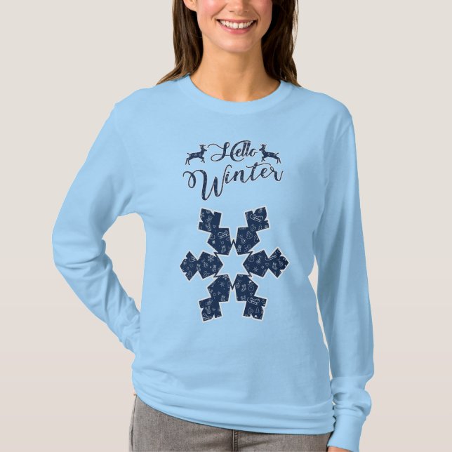 Camiseta Olá Padrão de Floco de Neve Azul Feriado de Invern (Frente)