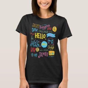 Camiseta Olá Palavra Em Diferentes Idiomas Viagem E Ensino