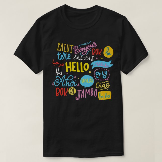 Camiseta Olá Palavra em Diferentes Línguas Viagem e Ensino (Frente do Design)