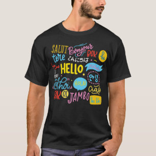 Camiseta Olá Palavra em Diferentes Línguas Viagem e Ensino