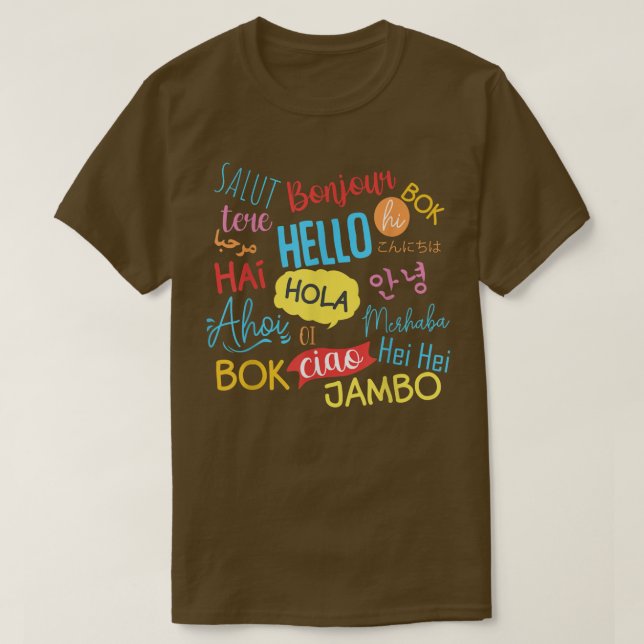 Camiseta Olá Palavra Em Idiomas Diferentes Viagem Viagem T (Frente do Design)