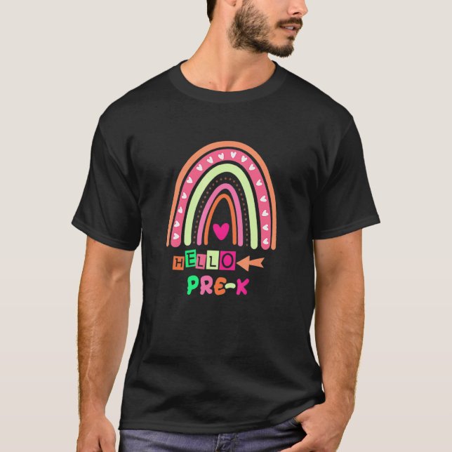 Camiseta Olá Pré-K Arco-íris Primeiro Dia De Aula Professor (Frente)