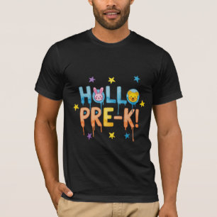 Camiseta Olá Pré-K! Desenho de Escola de Coelho e Urso em A