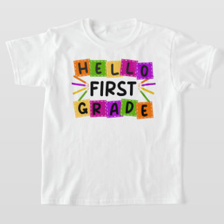 Camiseta olá, primeiro ano de volta ao retro escolar