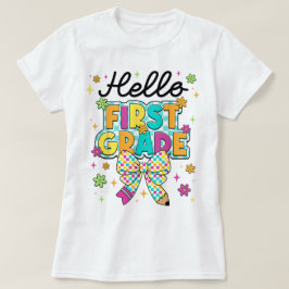 Camiseta Olá Professora do Primeiro Ano Laço de Lápis Coque