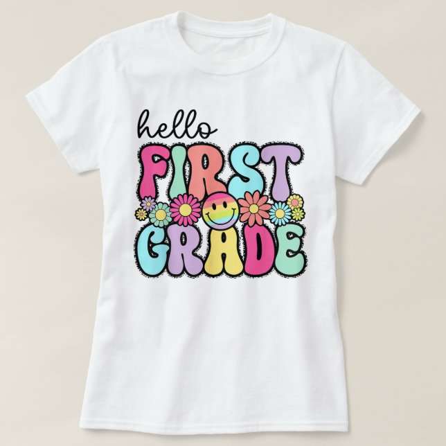 Camiseta Olá Professora do Primeiro Ano Laço de Lápis Coque (Frente do Design)