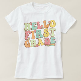 Camiseta Olá Professora do Primeiro Ano Laço de Lápis Coque