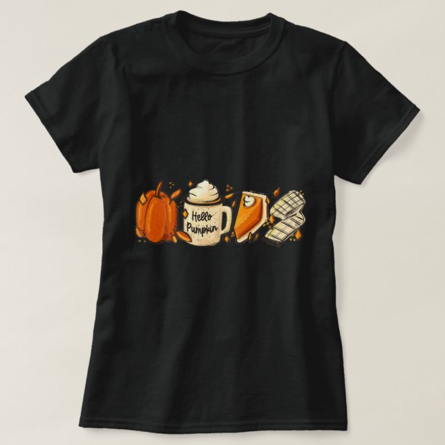 Camiseta Olá Pumpkin Pie Spice Latão Café Amor Cair Sea (Frente do Design)