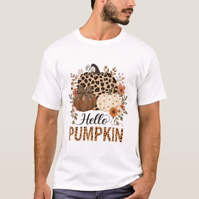 Camiseta Olá Pumpkin Png, Boho Floral Fall Leopard Pumpki (Frente)
