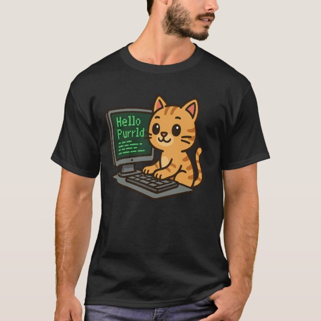Camiseta Olá Purrld Divertido Gato Programador Codificador  (Frente)