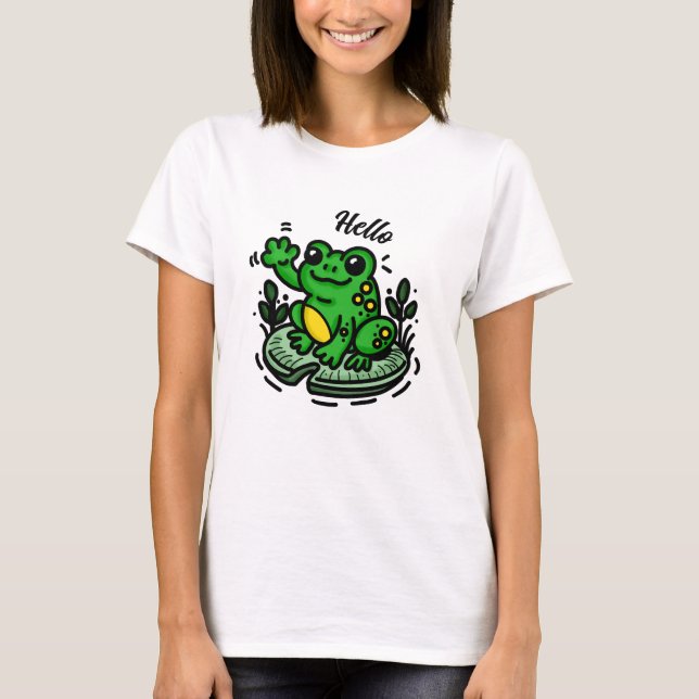 Camiseta Olá | Sapo de Lily Pad Mão Desenhada (Frente)