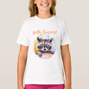 Camiseta Olá Summer Raccoon em óculos de sol Watercolor