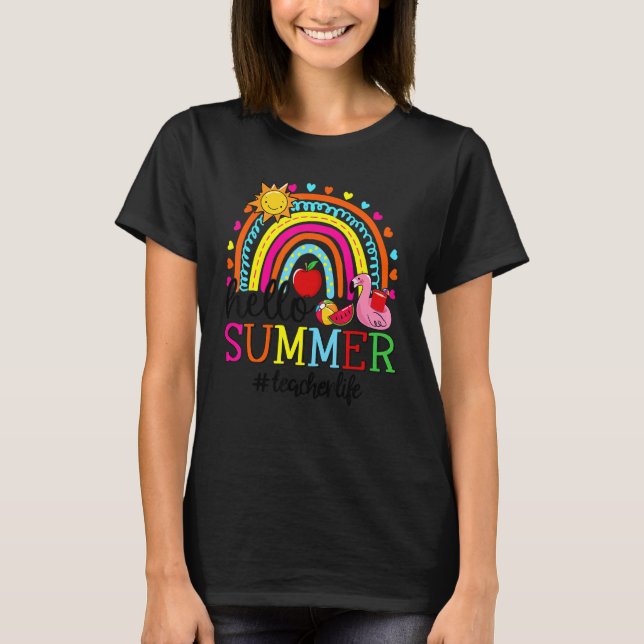 Camiseta Olá, Summer Rainbow Flamingo Watermelon Professor  (Frente)