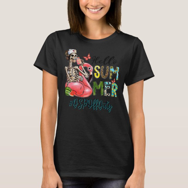 Camiseta Olá Summer Skull Flamingo Float Dsp Enfermeira (Frente)