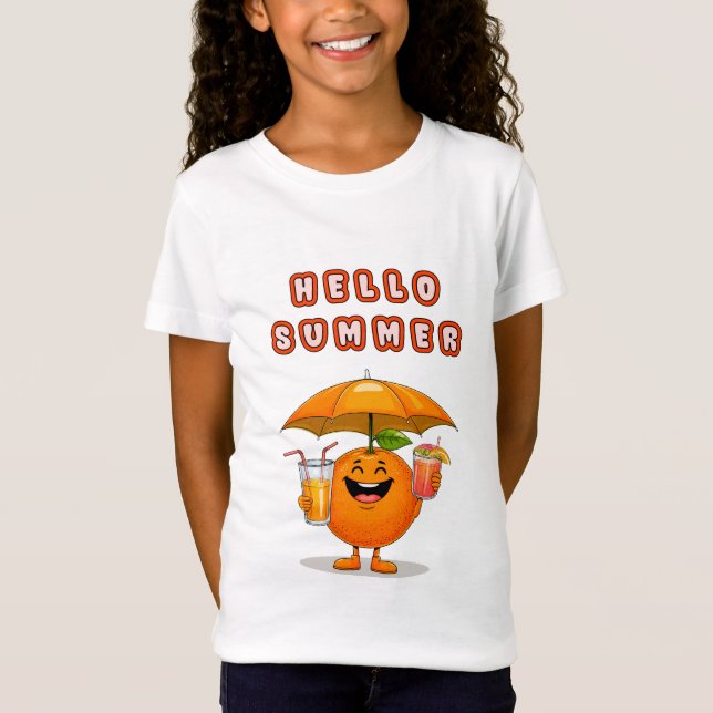 Camiseta Olá Verão" Texto com laranja fofo (Frente)