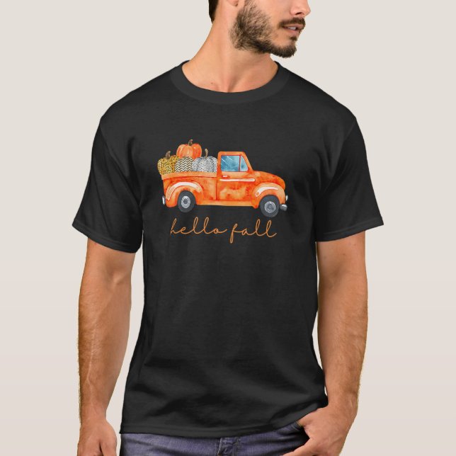 Camiseta Olá, Vintage Pickup Pumpkin Folhas (Frente)