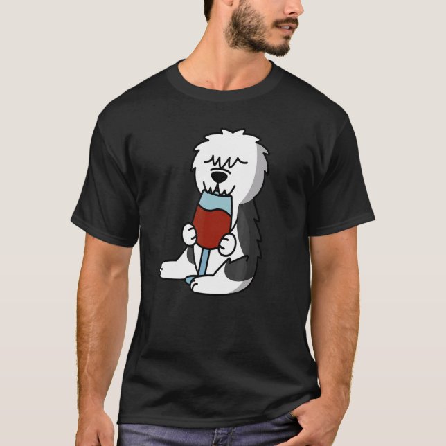 Camiseta Old English Sheepdog Drinking Wine Dog (Frente)