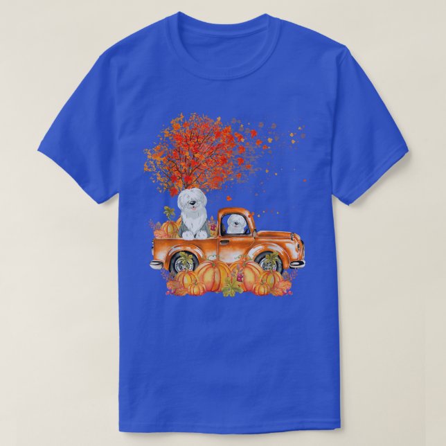 Camiseta Old English Sheepdog Riding Truck Pumpkin Autumn L (Frente do Design)