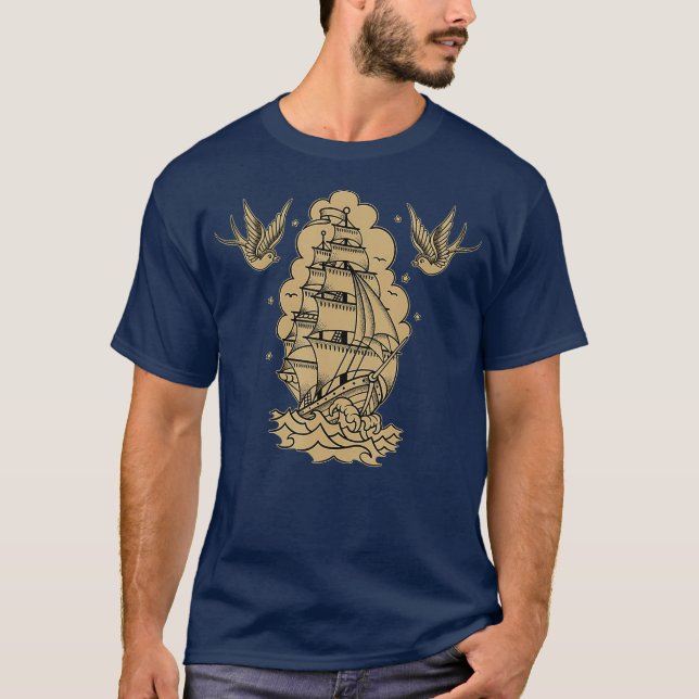 Camiseta Old School Sailor Tattoo Clipper Ship and  (2) (Frente)