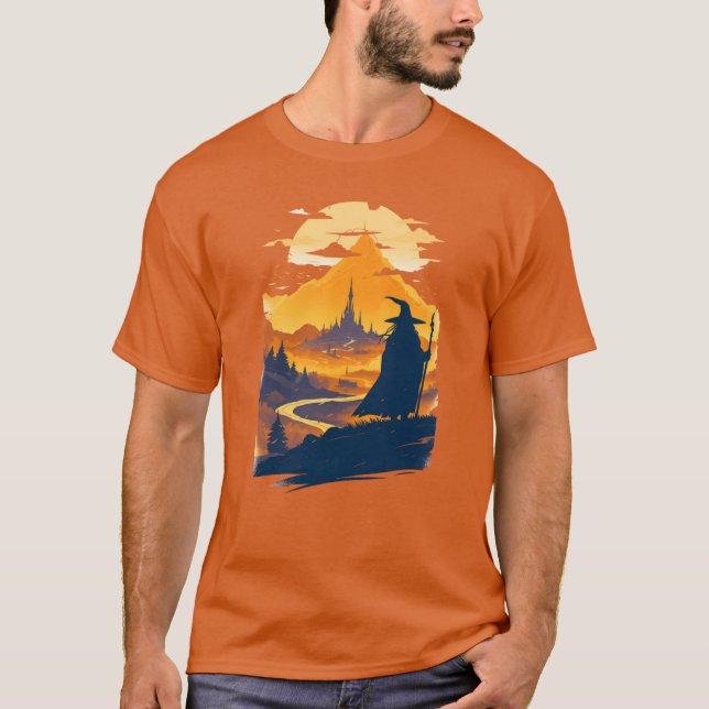 Camiseta Old Wanderer Gazing at a Mystical City Fantasy (Frente)