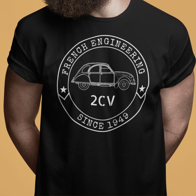 Camiseta Oldtimer 2CV Abzeichen Engineering Emblem (2CV T-Shirt in Black with a White Badge Text Design and and Illustration of the Deux Chevaux )