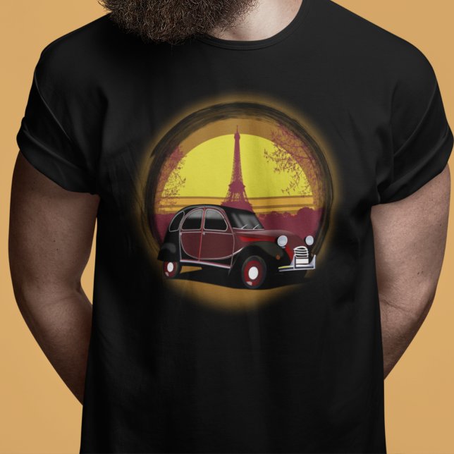 Camiseta Oldtimer 2cv Charleston Paris Sonnenuntergang (2CV T-Shirt in Black with a Romantic Deux Chevaux Charleston Eiffel Tower Illustration)