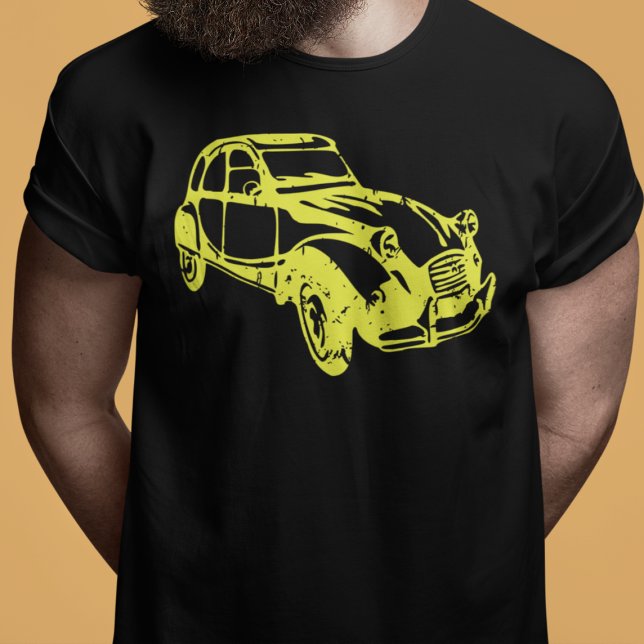 Camiseta Oldtimer 2cv Ente Linienzeichnung Gelb (2CV Car Magnet in Black with a Yellow Deux Chevaux Illustration)