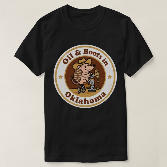 Camiseta Óleo e Botas_ Arte Antiga de Oklahoma (Frente do Design)