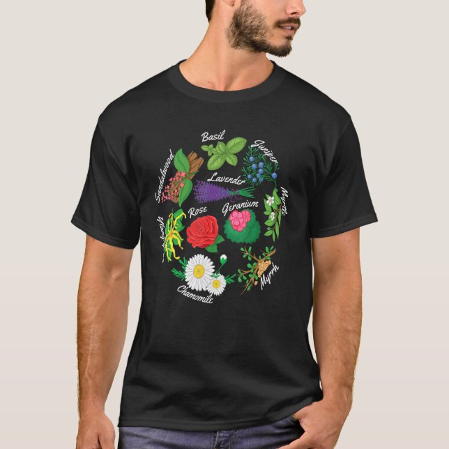 Camiseta Óleo Essencial Lavanda Herbácea Rosa Basil Geraniu (Frente)