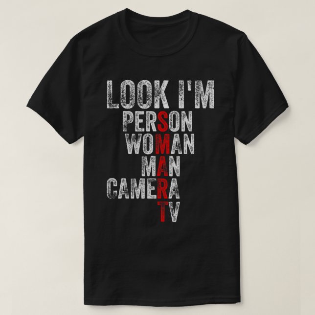 Camiseta Olha, sou esperta, mulher, homem da câmara de TV,  (Frente do Design)