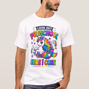 Camiseta Olhe Preschool Aqui Vêm Unicórnio Sereia Arco-Íris