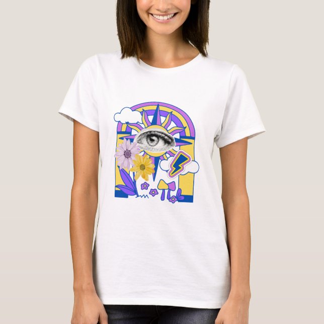 Camiseta Olho Místico Arco-íris Colorido Floral Boho (Frente)