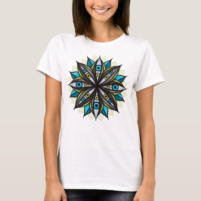 Camiseta Olhos Estranhos, Mandala Art - Azul-Flor Trippy Ve (Frente)