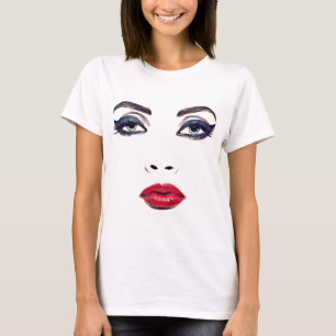 Camiseta Olhos Verdes Lábios Vermelhos Rosto de Mulher Arte