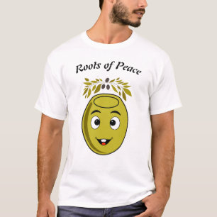 Camiseta Oliva Sorridente com texto "Raízes da Paz