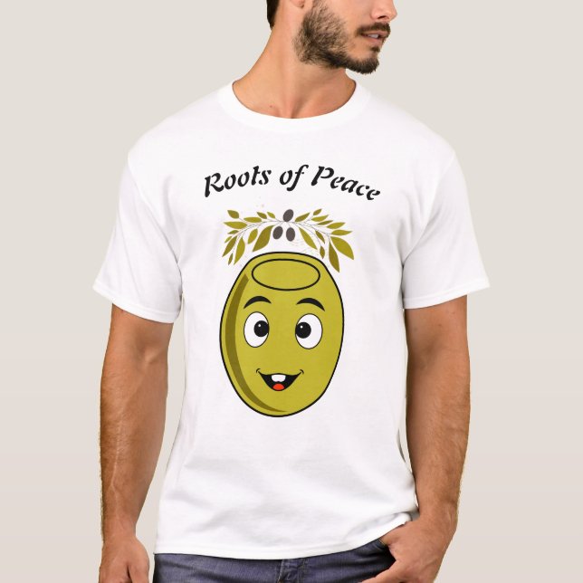 Camiseta Oliva Sorridente com texto "Raízes da Paz (Frente)