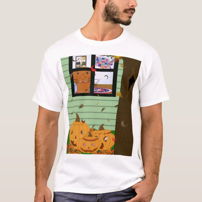 Camiseta Oliver The Otter Olhando para Jack-o-Lanterns (Frente)