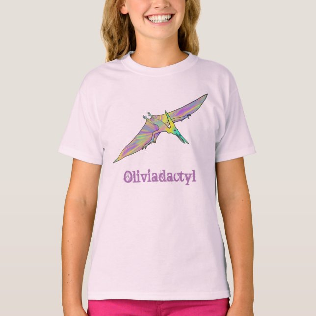 Camiseta Olivia dactilo Pterodáctilo Dinossauro Colorido Di (Frente)
