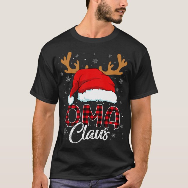 Camiseta Oma Claus Santa Hat Reindeer Red Xadrez Correspond (Frente)