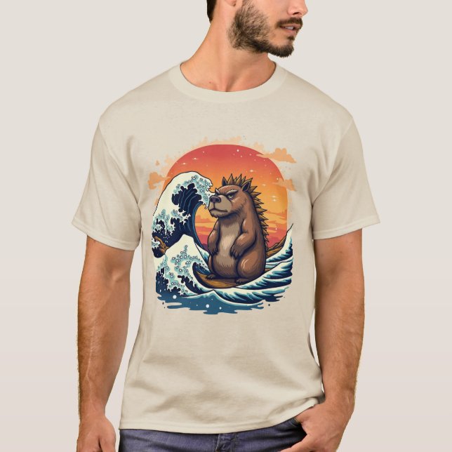 Camiseta Onda Capyzilla - Arte Japonesa Vintage de Capivara (Frente)