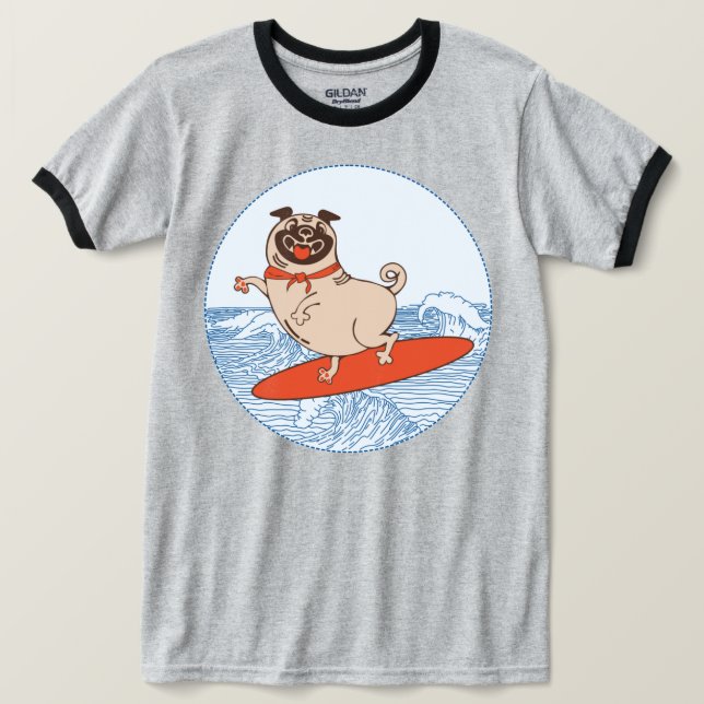 Camiseta Onda cavalgando cachorro feliz no surfboard T-Shir (Frente do Design)