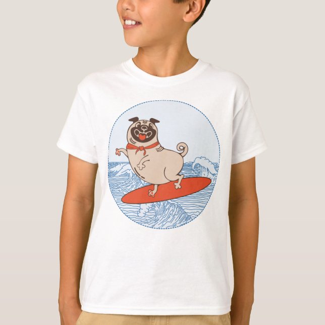 Camiseta Onda cavalgando cachorro feliz no surfboard T-Shir (Frente)