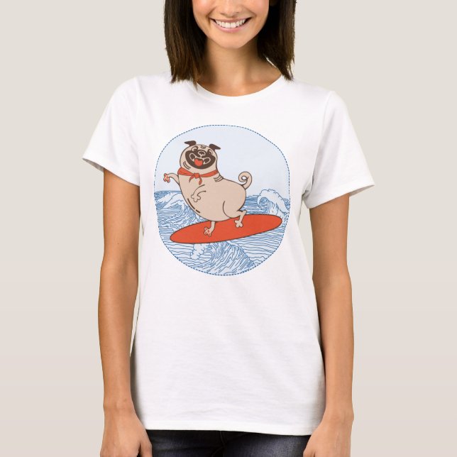 Camiseta Onda cavalgando cachorro feliz no surfboard T-Shir (Frente)