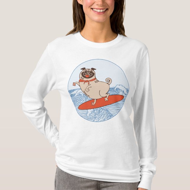 Camiseta Onda cavalgando cachorro feliz no surfboard T-Shir (Frente)