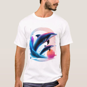 Camiseta Onda de Golfinho Neon – Arte Oceânica Retro Futuri