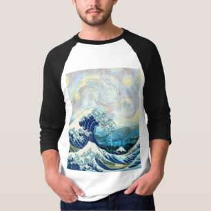 CAMISETA ONDA DE KANAGAWA EM FUNDO DE NOITE ESTRELADA