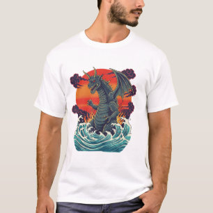 Camiseta Onda Grande do Pôr do Sol do Monstro Japonês Retrô